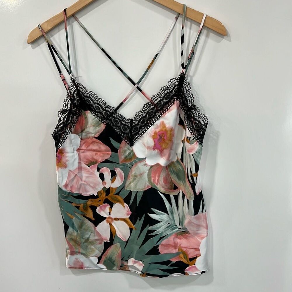 Satin Floral Lace Trim Cami Tank Crisscross M/L